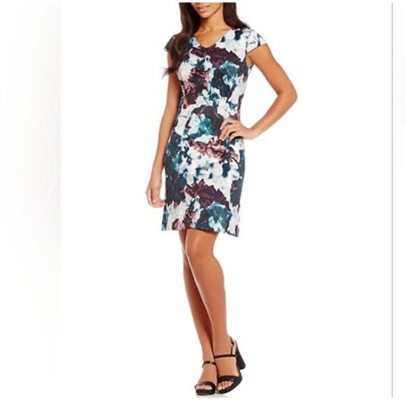 Antonio Melani Dress Green Plum Black 8 Short Sleeve Stretch Floral A Line NEW - Picture 1 of 9